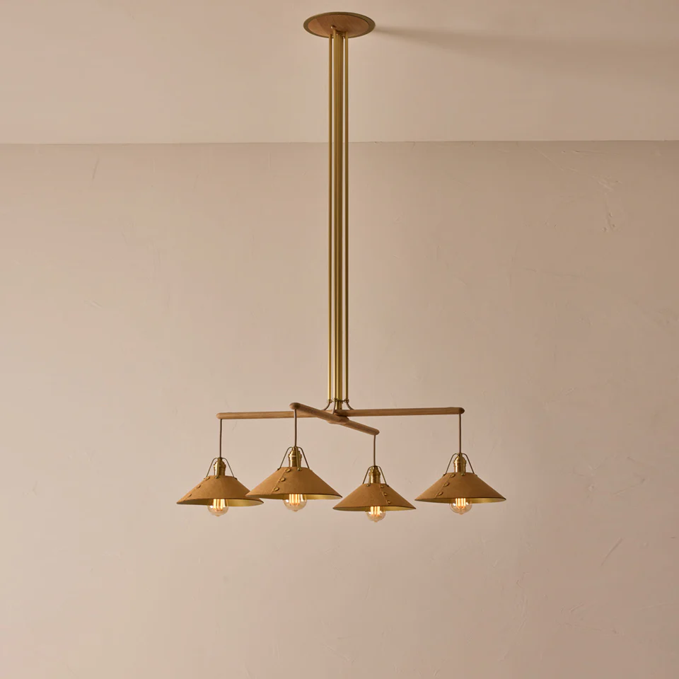 Oak & Leather Wooden Chandelier – Brass Poles & E27 Holder | Wooden Chandelier for Living & Dining | Brighthouse