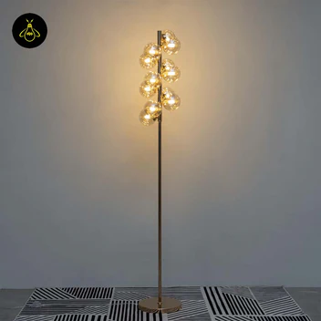Gilded Stainless Steel Floor Lamp – Amber Glass Spheres | Floor Lamp for Living Rooms & Bedrooms | Brighthouse