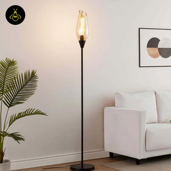 Stainless Steel Floor Lamp – Amber Glass Shade | Large Decorative Light for Living Rooms | Brighthouse